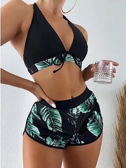 Women's Clothing Women's Solid Color Block Swimsuit Print Bikini Set Color Leaf Fashion Two Piece Women's Clothing_ecoleips.com