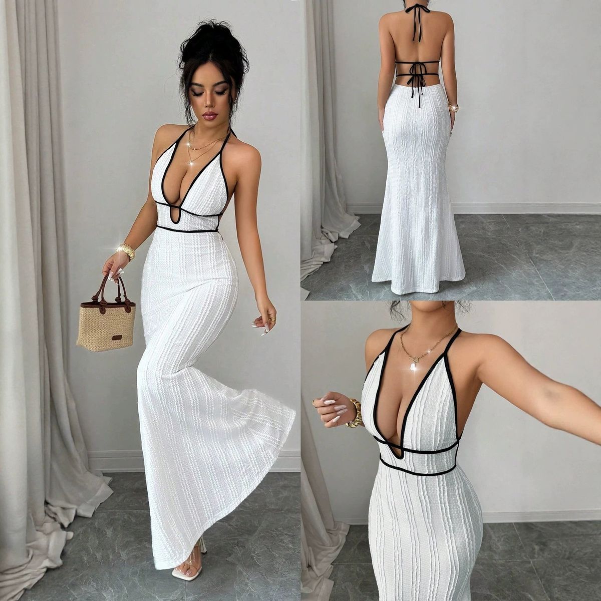 Haltered Neck Suspender Texture Color Block Trim Deep V Backless Tie up Bodycon Fishtail Long Dress for Women European And American Style_ecoleips.com