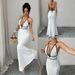 Haltered Neck Suspender Texture Color Block Trim Deep V Backless Tie up Bodycon Fishtail Long Dress for Women European And American Style_ecoleips.com