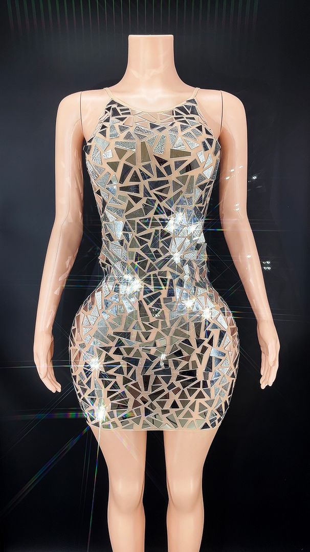 Women's Clothing Glitter Mirror Sequins Sexy Sleeveless Mini Ladies Evening Dress_ecoleips.com