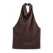 Satin-Finish Backless Halter Neck Top – Versatile Solid Color Tee For Summer (S/M/L, Polyester, Streetwear Essential)_ecoleips.com