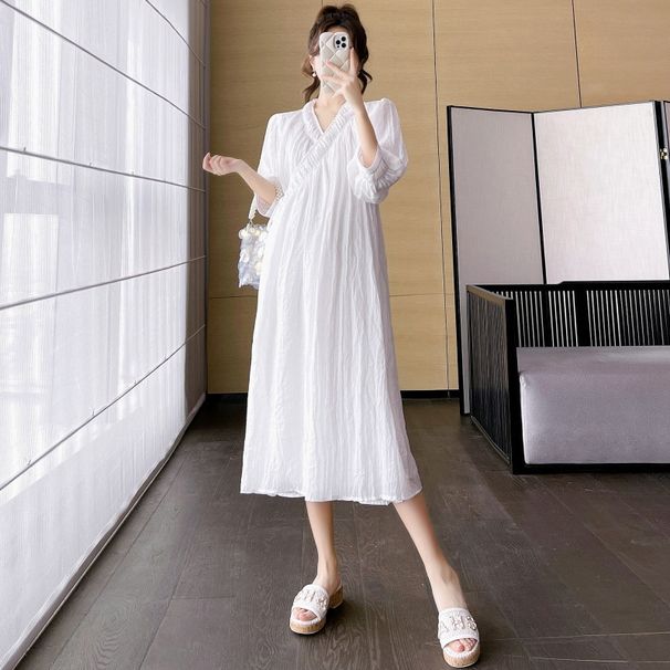 Summer New Korean Fashion V-neck Short Sleeve Maternity Dress_ecoleips.com