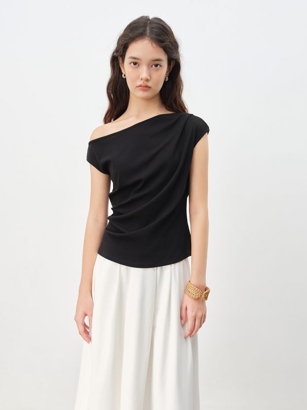 ZIQIAO Knit Top For Petite Women 2026 Summer New Arrival Short Sleeve Off-Shoulder Fitted Waist Women's Knitwear Tees 25ZQ92397_ecoleips.com