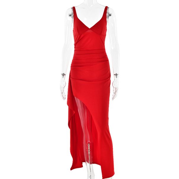 Women's Clothing Sexy Sling Slim Ruffled Deep V Side Slit Dress_ecoleips.com