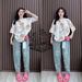 Bear Print Short Sleeve & Faux Denim Print Pants Set - Loose Fit Two Piece Outfit For Women Comfortable Loose Fit_ecoleips.com