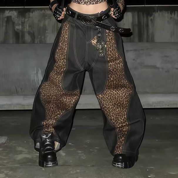 American Retro Niche Distressed Wide-leg Loose Leopard Print Women's Patchwork Straight Casual Workwear Jeans_ecoleips.com