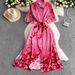 Women's Clothing Pink Floral Lapel Shirt Dress For Women Summer Single Breasted Waist Slim Pleated Mid Length Skirt_ecoleips.com