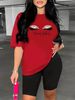 Summer Women's Casual And Fashionable Eyelash Eye Letter Printed Round Neck Loose T-shirt+shorts Two-piece Sportswear Suitable For Daily Wear-24_ecoleips.com