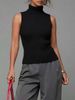 Elegant Office Turtleneck Ribbed Knit Tank Top, Sleeveless Slim Commuter Basic Blouse_ecoleips.com