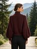 Wine Red Zip Stand Collar Pit Rib Knit Cardigan, Loose Lantern Sleeve Lightweight Breathable Soft Skin-touch Cropped Knit Jacket_ecoleips.com