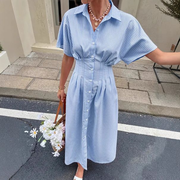 Women's Clothing Striped Shirt Dress Short Sleeved Midi Length Pleated Waist Slit_ecoleips.com