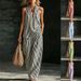 Women's Clothing Halter Neck Sleeveless Striped Pant Set Casual V Neck Fashion For Spring/Summer Thin Polyester Suit_ecoleips.com