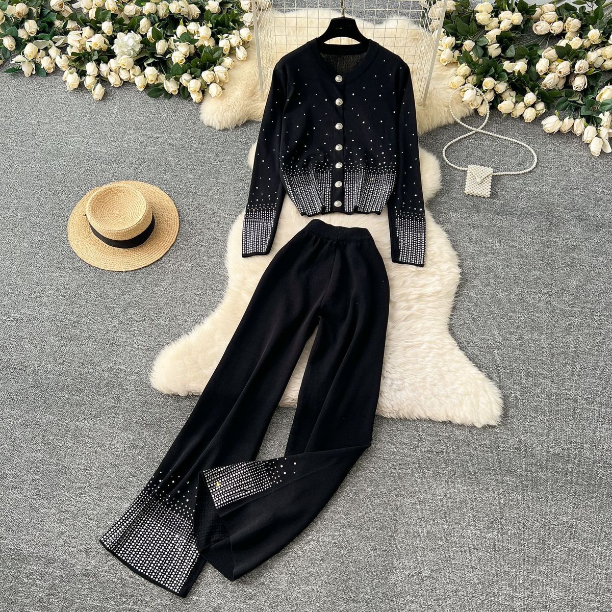 Women's Clothing Fashion Hot Diamond Round Neck Knitted Cardigan High Waist Loose Wide Leg Trousers Autumn And Winter Knitted Two Piece Suit For Women_ecoleips.com