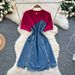 Women's Clothing Fashion Design Two Piece Dress Summer Short Sleeved Patchwork Waist Zipper Denim Mid Length Skirt_ecoleips.com