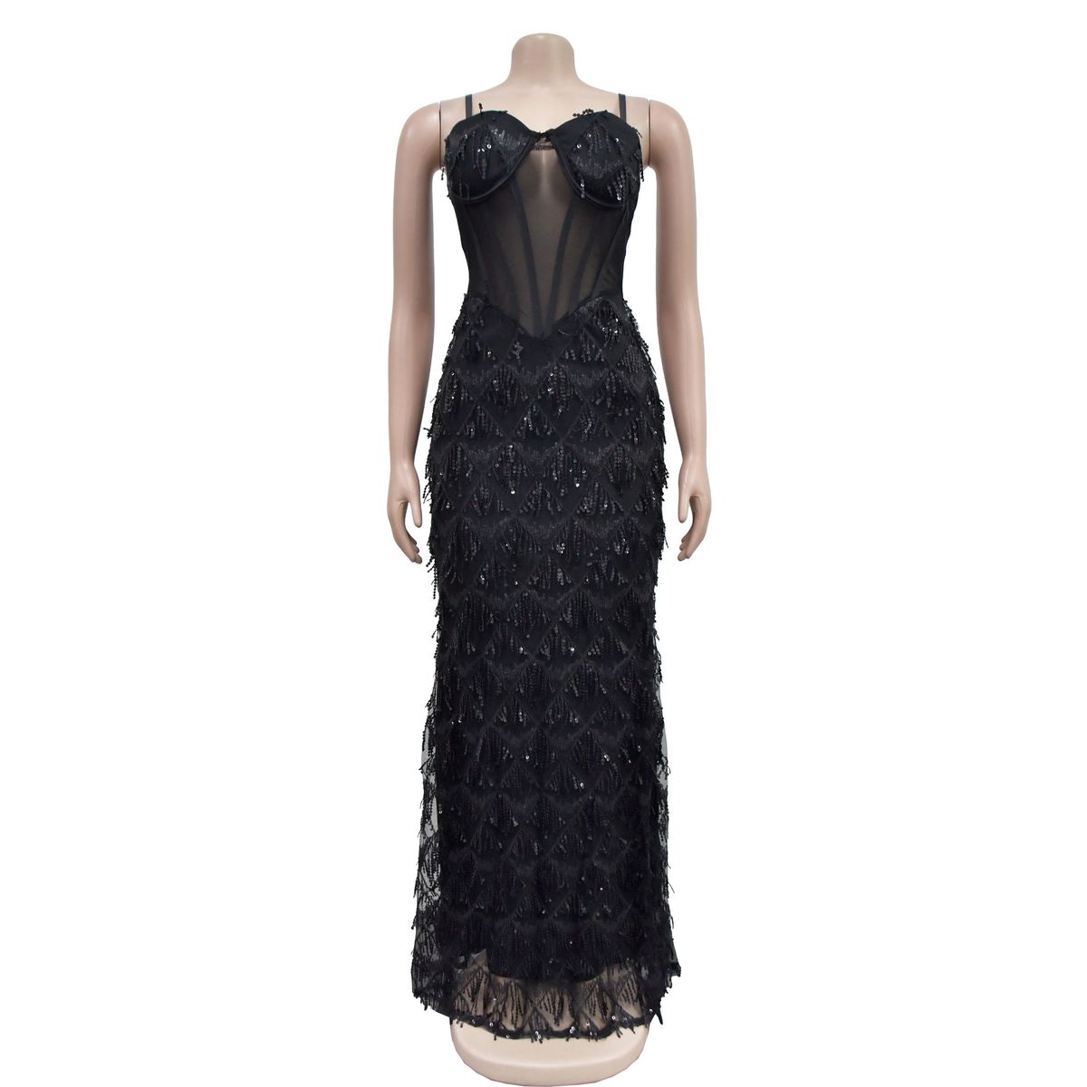 Women's Solid Color Sequin Sexy Suspender Long Skirt Dress_ecoleips.com