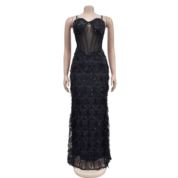 Women's Solid Color Sequin Sexy Suspender Long Skirt Dress_ecoleips.com