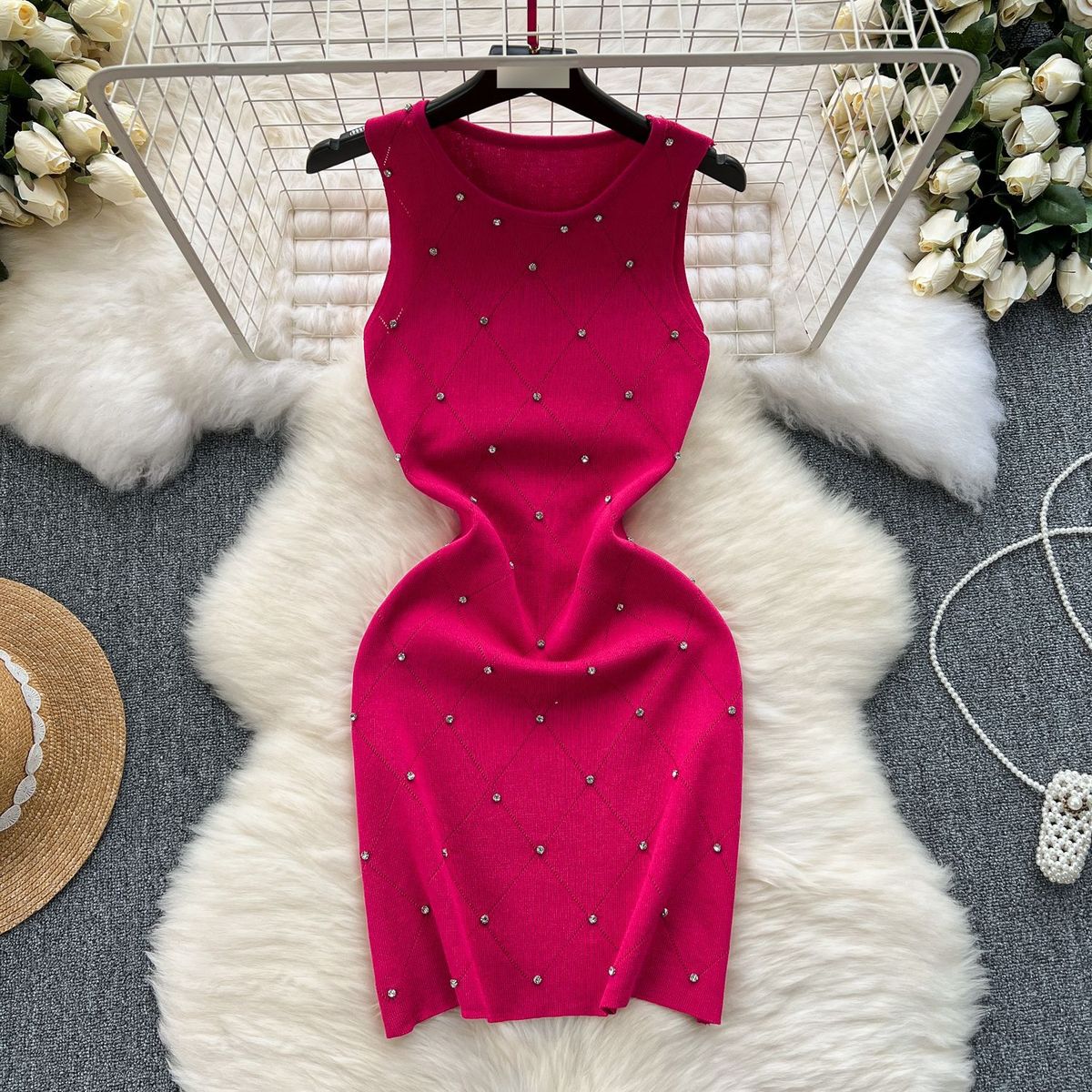 Women's Clothing Light Luxury Diamond Studded Rhombus Knitted Dress For Women Round Neck Slim Fit Short Elastic Wrap Dress Sleeveless Vest Dress_ecoleips.com