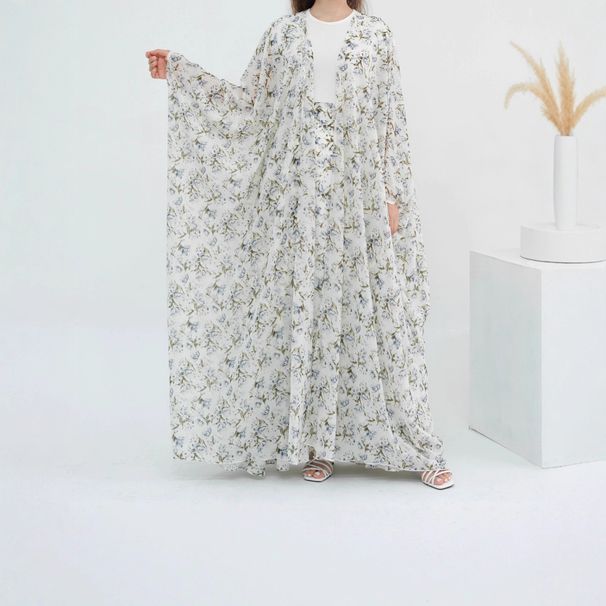 Women's Clothing Modest Abaya Dress Print Cardigan And Skirt Elegant Muslim Two-Piece Set – White Floral Print Abaya & Skirt With Button Detail_ecoleips.com