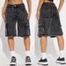 Streetwear Distressed Denim Cargo Shorts For Women – Mid-Length Washed Cotton Blend With Raw Hem & Utility Pockets_ecoleips.com