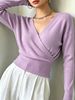 Lilac Lavender Deep V Wrap Pit Rib Knit Sweater, Loose Lightweight Breathable Soft Skin-touch Long Sleeve Slim Waist Pullover_ecoleips.com