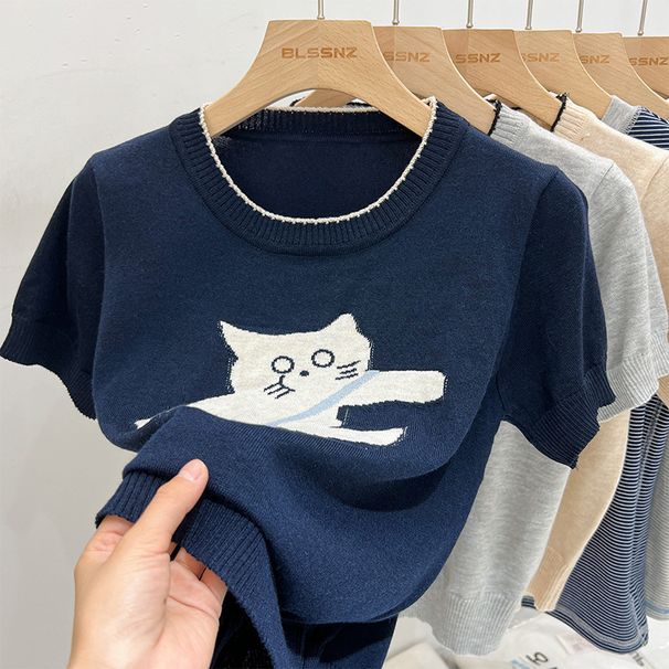 Women's Clothing Round Neck Short Sleeved Knitted Sweater For Women Spring New Women's Clothing Loose And Slim Cartoon Niche Half Sleeved Top Trend_ecoleips.com
