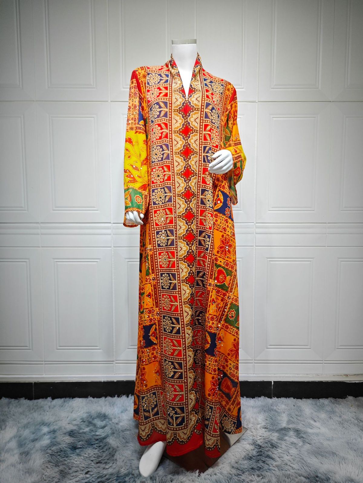 Women's Long Sleeve V-Neck Jalabiya Dress – Flowy Maxi Dress With Ethnic Print (Polyester, S-Xxl, Multi-Color)_ecoleips.com