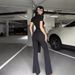 Women's Clothing Round Neck Slim Short Sleeve T Shirt Low Waist Pleated Strap Hip Hugging Floor Length Flared Casual Pants Two Piece Suit_ecoleips.com
