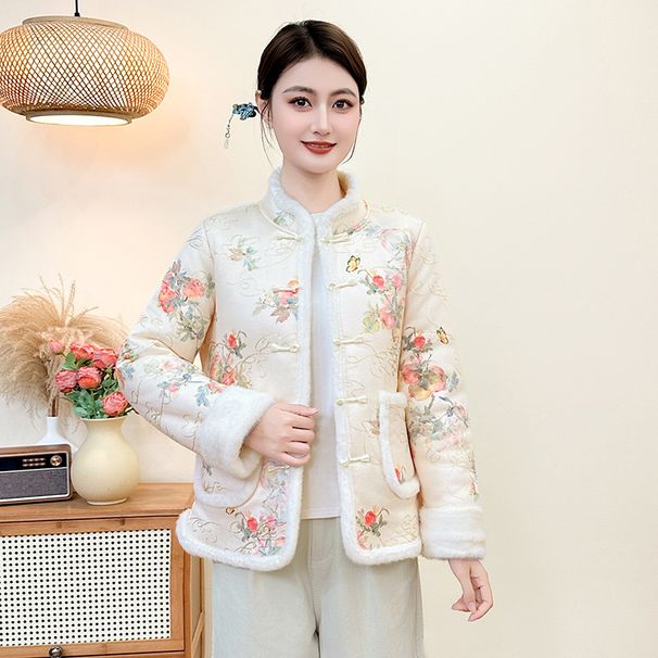 girl New Women's Autumn Winter Stand Collar Fleece Lined Thickened Jacket Chinese National Style Age-Reducing Small Coat_ecoleips.com
