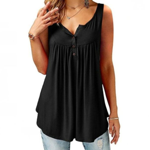 Women's Casual Ruffled Sleeveless T-Shirt Solid Color Mid-Length Button Vest Summer New Bestseller_ecoleips.com