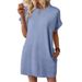 Summer New Loose Crew Neck Pocket Solid Color Short Sleeve Dress For Women_ecoleips.com