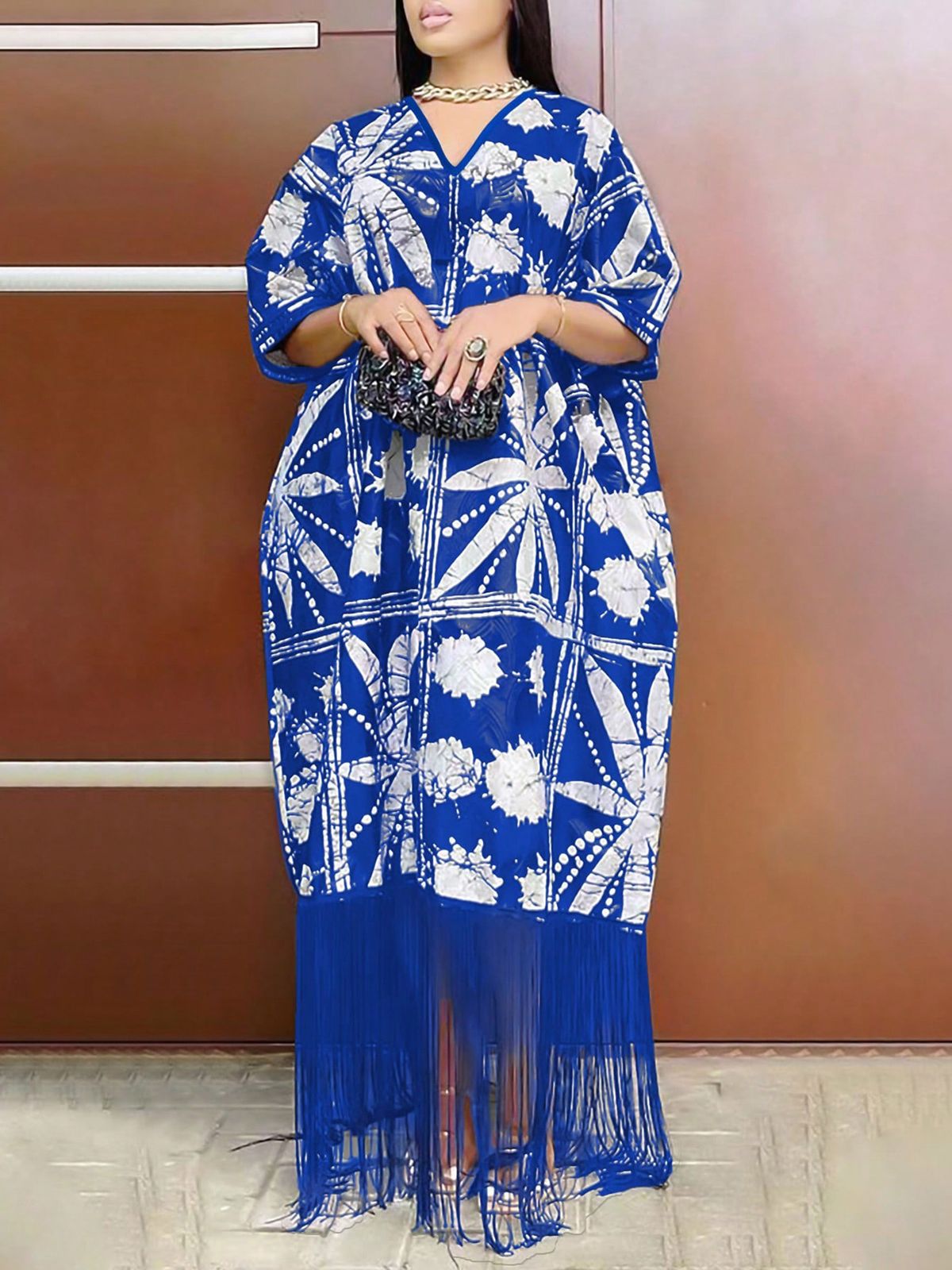 Women's Clothing Plus Size V Neck Tassel Printed Dress Loose Fitting Casual Maxi Evening Gown_ecoleips.com