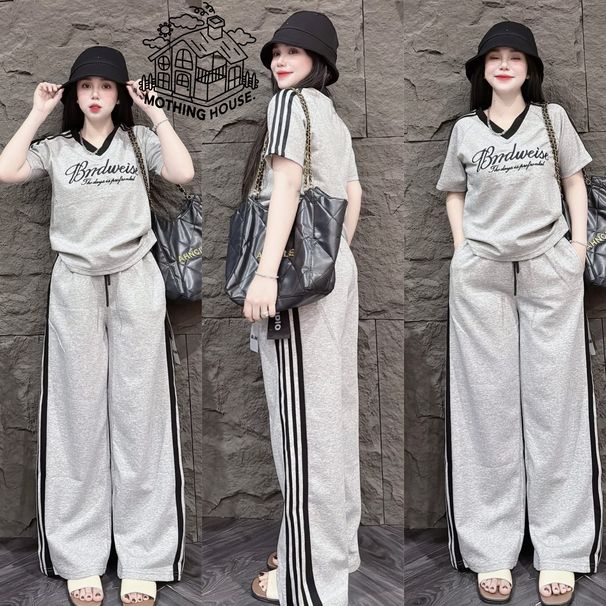 Women's Clothing American Style Fashion Women's Two Piece Suit V Neck Embroidered Top Side Stripes High Waisted Wide Leg Pants Relaxed Fit_ecoleips.com