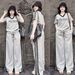 Women's Clothing American Style Fashion Women's Two Piece Suit V Neck Embroidered Top Side Stripes High Waisted Wide Leg Pants Relaxed Fit_ecoleips.com