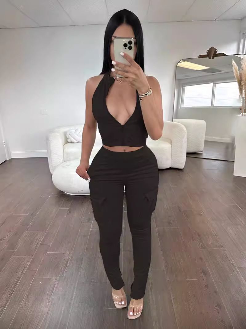 Streetwear Zip-Up Crop Top & Split-Hem Joggers Set – Sleeveless Athletic Two-Piece With Side Pockets – Stretchy Spandex For Gym To Street Style_ecoleips.com