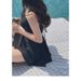 Elegant Black Sweetheart Neck One Piece Swimsuit With Ruched Bodice Flared Skirt Modest Swimwear For Beach Pool Vacation_ecoleips.com