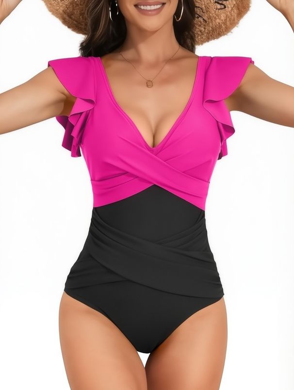 Women's Clothing Solid Color Splicing Ruffled One Piece Swimsuit Triangle Gathered Deep V Swimsuit_ecoleips.com