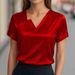 Summer Commuter Satin Asymmetrical V-Neck Short Sleeve Shirt Women_ecoleips.com
