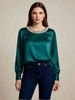 Elegant French-Inspired Pearl Embellished Satin Blouse - Round Neck, Long Sleeve, Pure Color, Office & Casual Wear (Black/White/Beige/Green, S-XXL)_ecoleips.com
