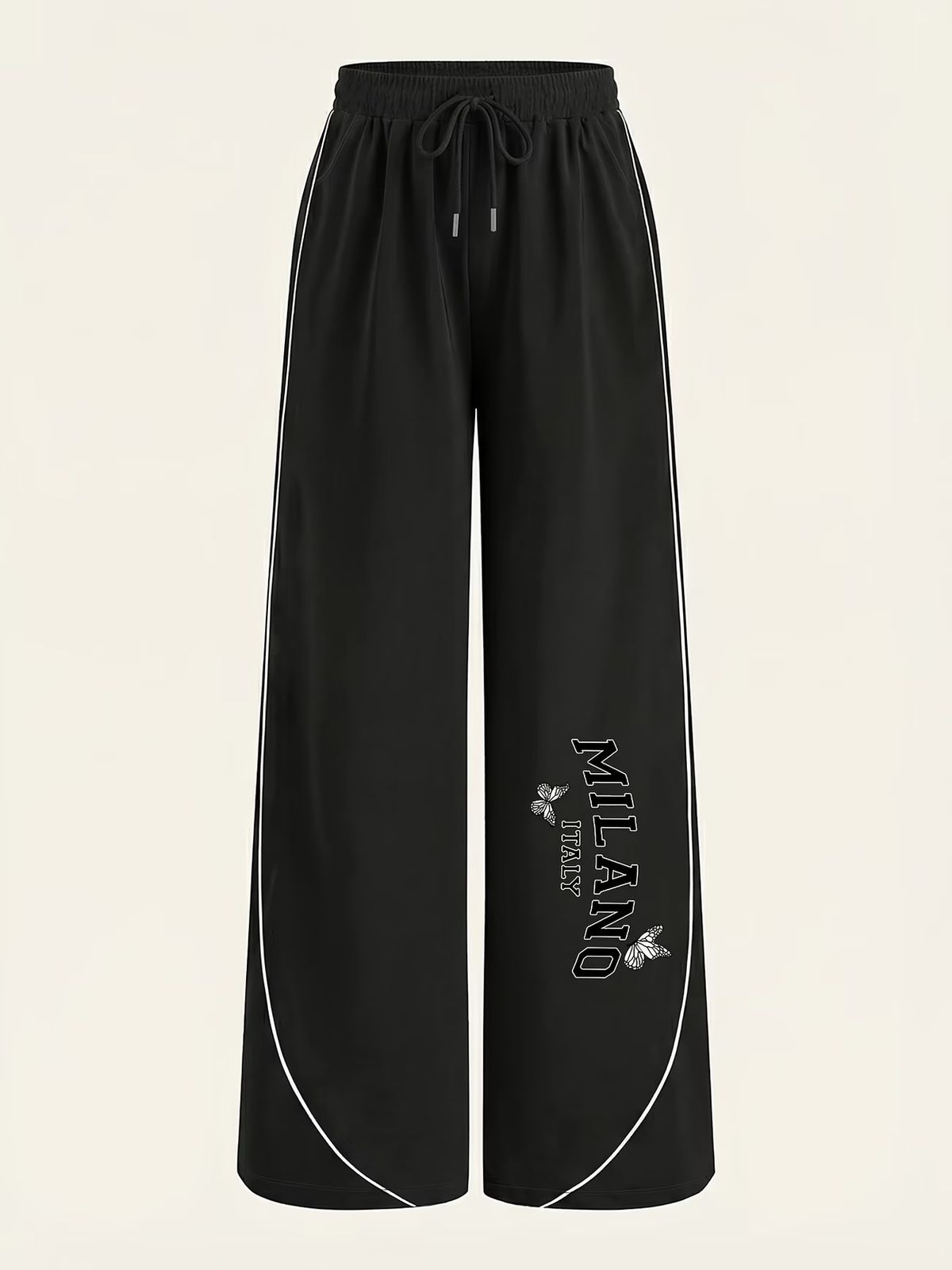 Women's Artistic Butterfly Print Palazzo Pants – Elegant Drawstring Waist Wide-Leg Trousers (White/Black)_ecoleips.com