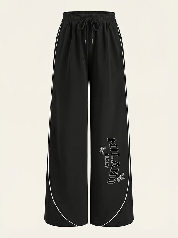 Women's Artistic Butterfly Print Palazzo Pants – Elegant Drawstring Waist Wide-Leg Trousers (White/Black)_ecoleips.com