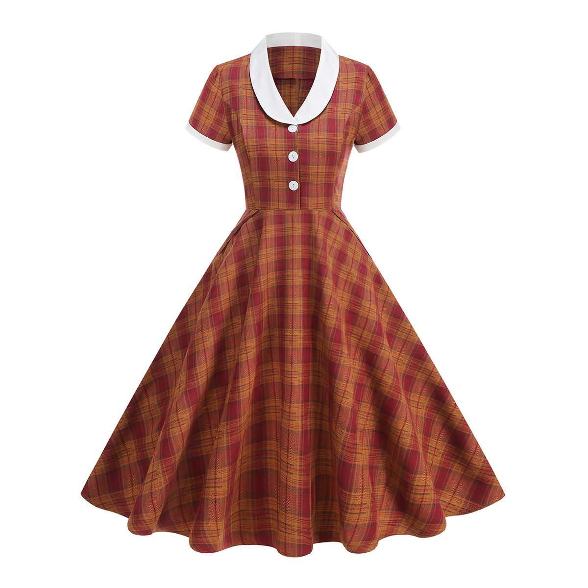 Women's Retro Style Midi Dress Autumn/Winter Hepburn Classic British Aristocratic Court Fitted Waist Color Block Collar Full Skirt_ecoleips.com