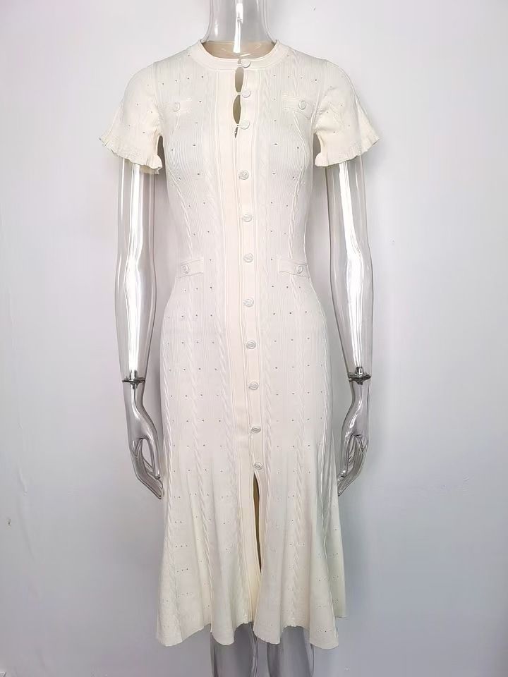 Women's Clothing New Hollow Wood Ear Edge Twist Thread Long Sleeve Knitted Skirt French Slim Dress_ecoleips.com