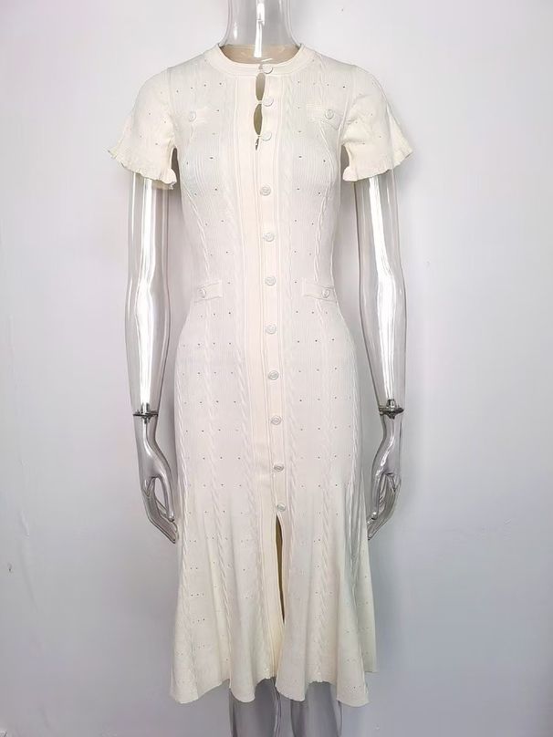 Women's Clothing New Hollow Wood Ear Edge Twist Thread Long Sleeve Knitted Skirt French Slim Dress_ecoleips.com