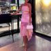 Pink Printed Strapless Irregular Dress Summer Chiffon Off Shoulder Women's Party Dress 2026 Casual Pleated Slim Fit Long Dress_ecoleips.com