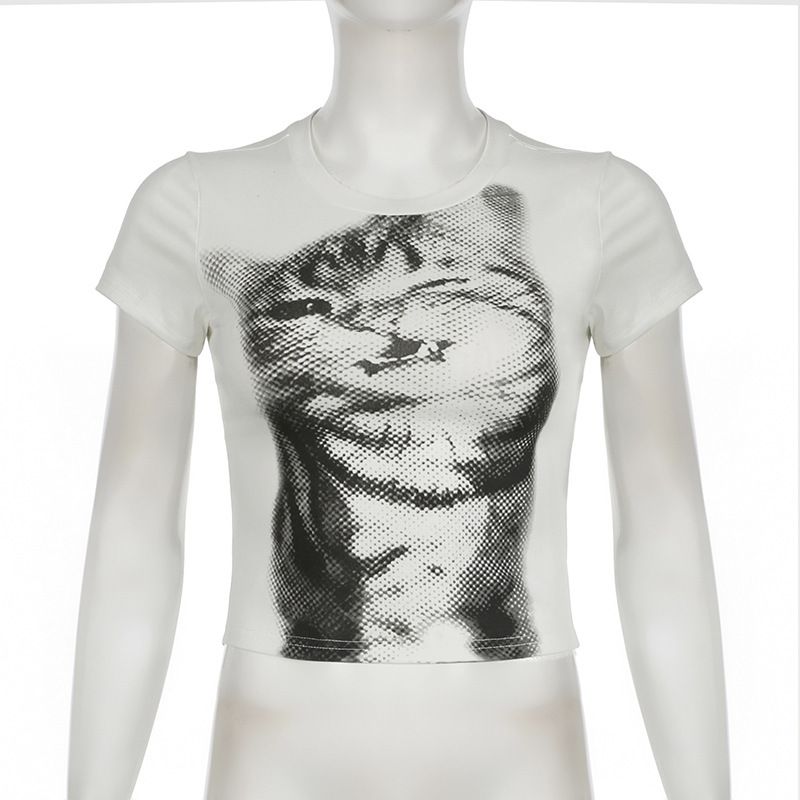 European American Harajuku Cat Print Slim Top Women's round Neck Short Sleeve T-Shirt Y2K Retro Style Versatile Basic New Cross Border_ecoleips.com