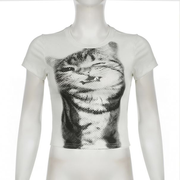 European American Harajuku Cat Print Slim Top Women's round Neck Short Sleeve T-Shirt Y2K Retro Style Versatile Basic New Cross Border_ecoleips.com