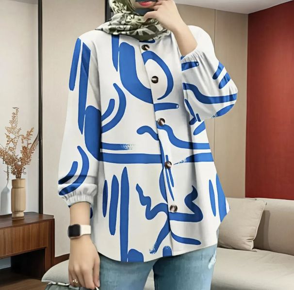Fashionable Muslim Women's Floral Shirt Bubble Sleeve Cross-Border Middle East Malaysia New Style Women's Fashion Top_ecoleips.com