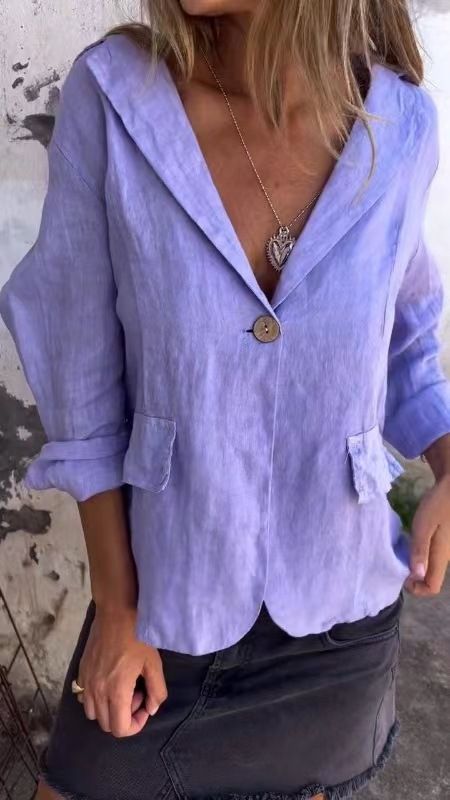 Spring New Artistic Large Size Loose Solid Color Button Suit Collar Cotton And Linen Small Suit Suit Jacket Women_ecoleips.com