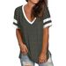 2024 Europe And The United States Spring And Summer New Women's Base Shirt Solid Color V-neck Splicing Short Sleeve Loose T-shir_ecoleips.com