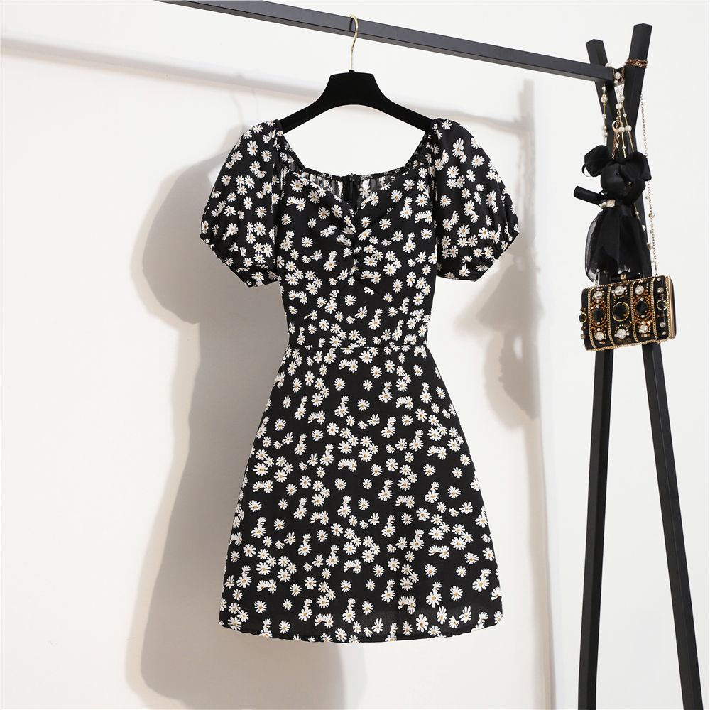 Women Mini Dresses Summer Fashion Female Vestidos Print Floral Chiffon Dresses Shirring Pleated Short Puffy Sleeve Casual Dress_ecoleips.com